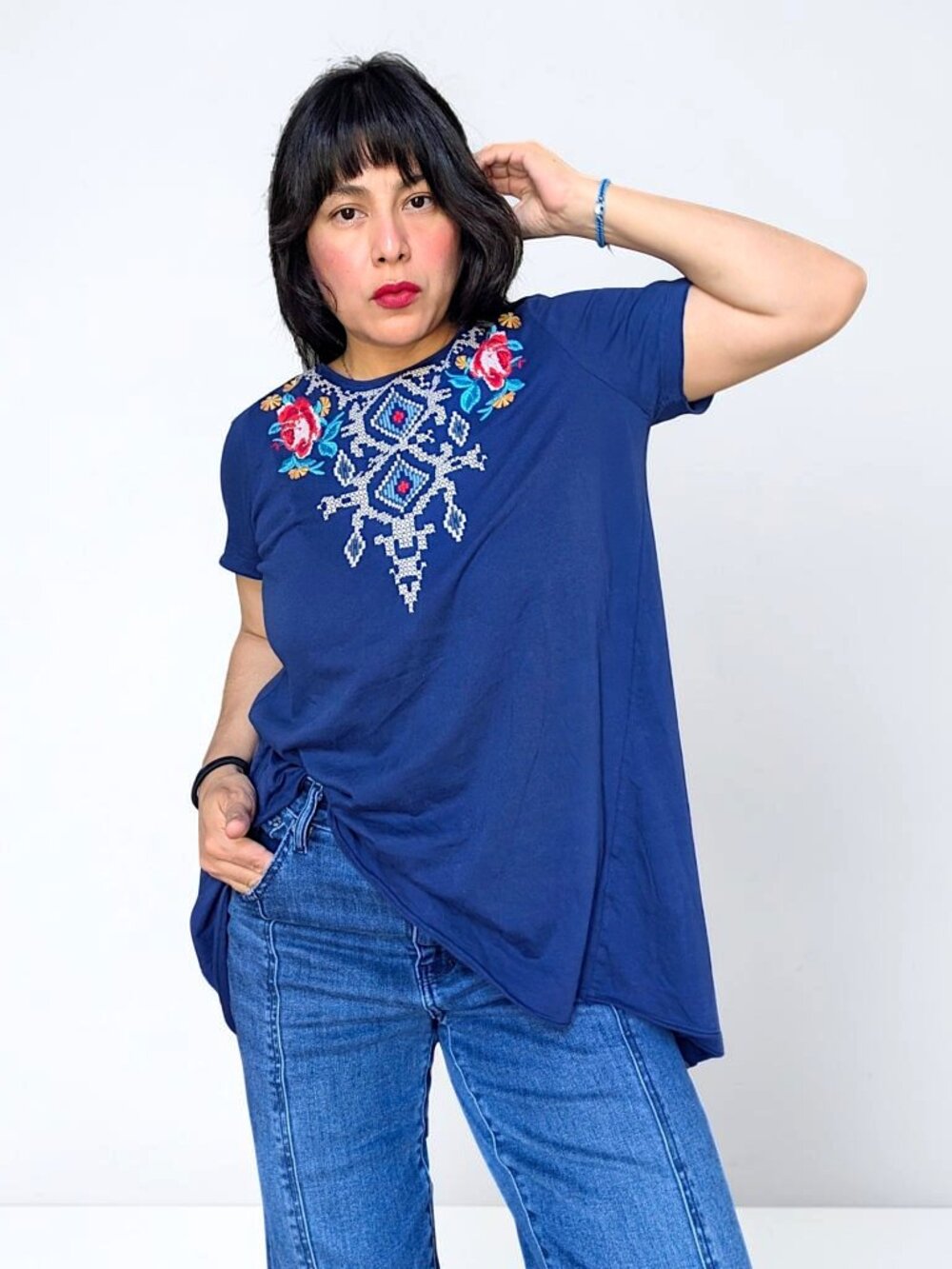 Johnny Was floral embroidered needle point boho fairy swing tunic top W's M
